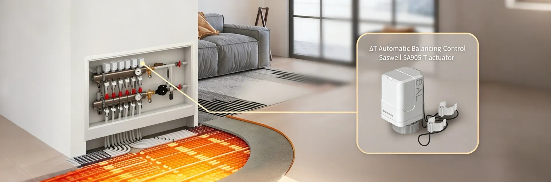 Saswell SA905-T stepper motor actuator for hydronic balancing to fix UFH hot and cold spots