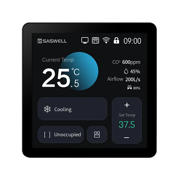 Close-up view of the 4-inch color interactive interface displaying real-time VAV system status, room temperature setpoints, and a 7-day programmable schedule menu.