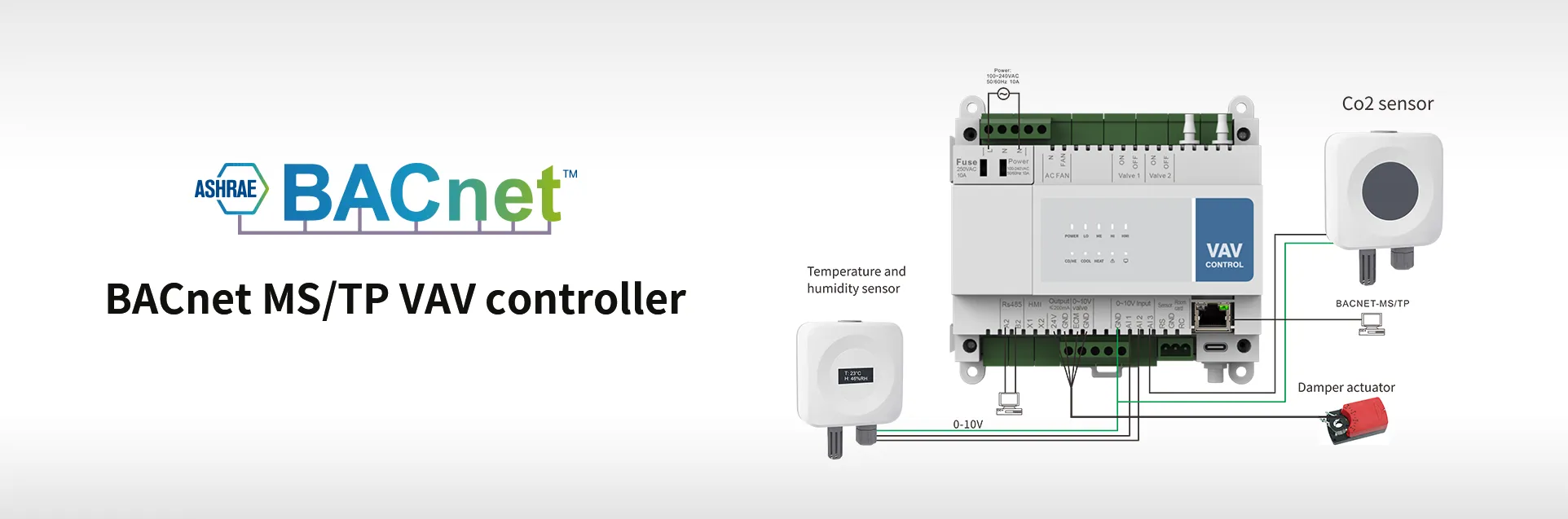 BACnet MS/TP VAV controller wiring with CO2 sensor for Demand Controlled Ventilation DCV