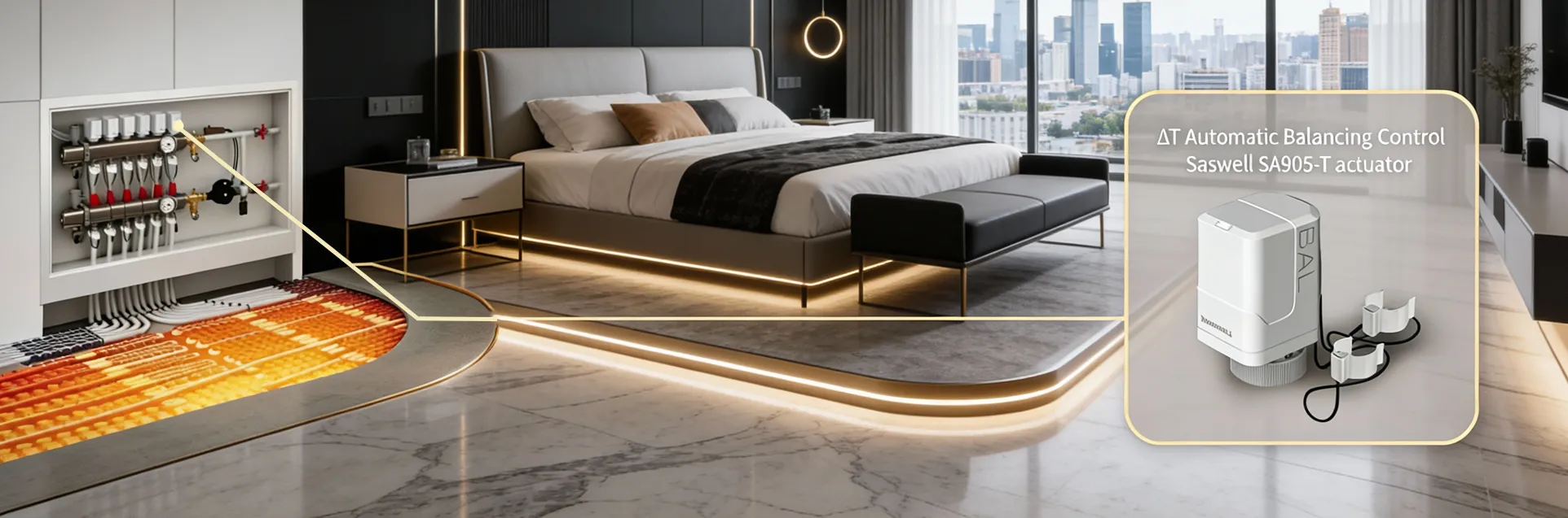 Applications of electric thermal actuators on underfloor heating manifolds.