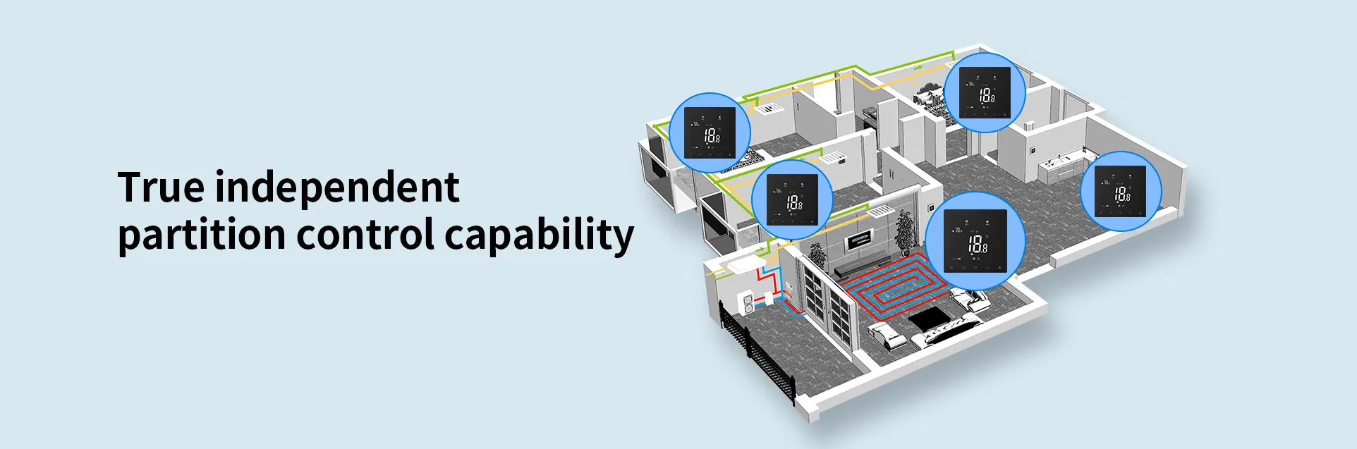 Residential UFH and UFC system with dew point sensors and controllers
