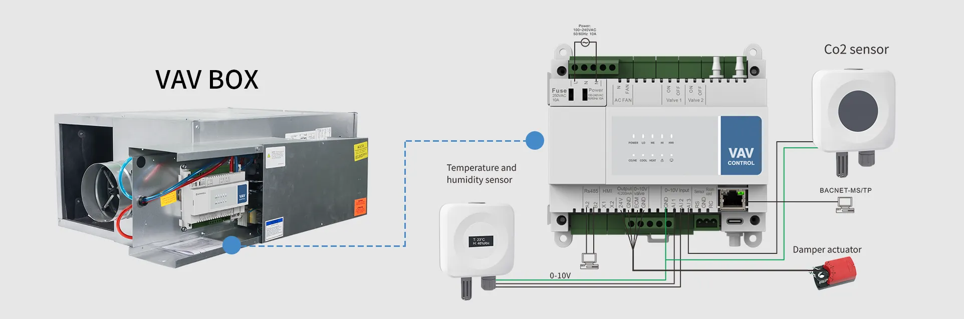 High-precision DP sensor location for BACnet air pressure calibration in VAV box manufacturing.
