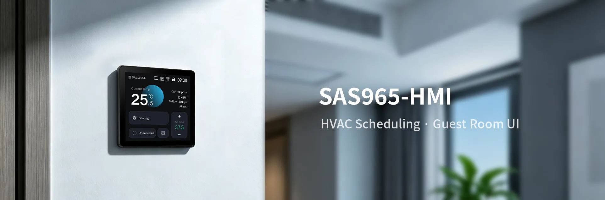 Saswell SAS965-HMI touchscreen interface showing HVAC time scheduling and guest room UI.