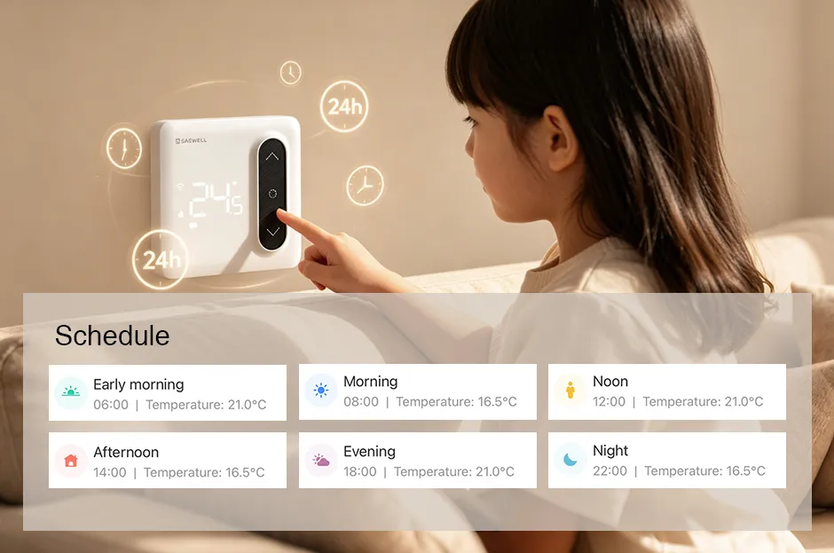 User setting a personalized 7-day heating schedule with 6 time periods on a smart thermostat.