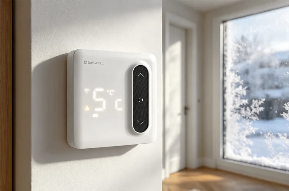 Thermostat triggering anti-frost protection to keep ambient temperature above 5°C and prevent frozen pipes.