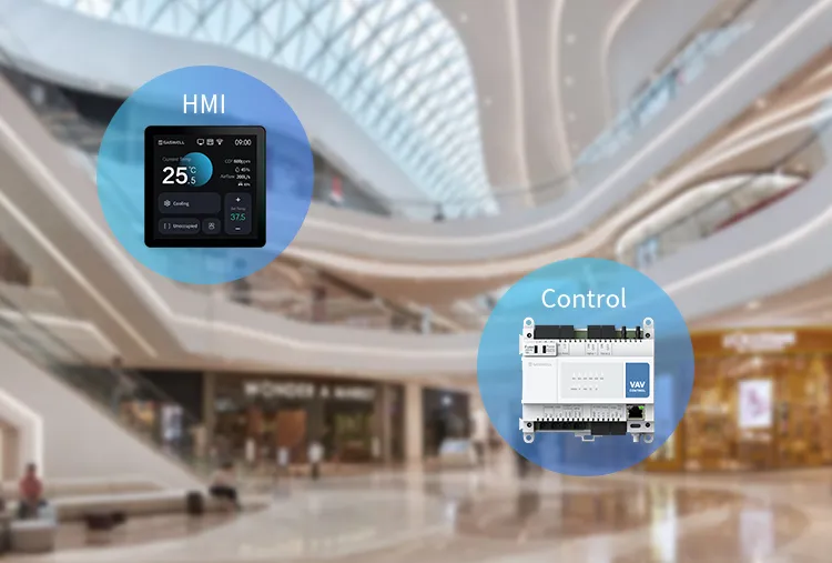 Commercial complex centralized energy management with BACnet VAV controller and 2-stage reheat