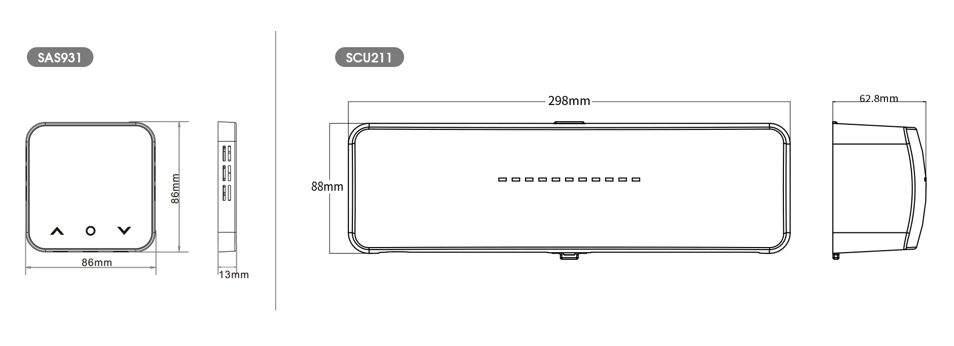Product dimension outline drawing for SAS931WCH wired multi-zone hydronic thermostat
