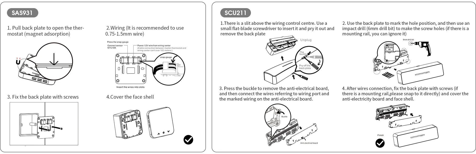 Step-by-step wall mounting guide for SAS931WCH wired multi-zone hydronic thermostat