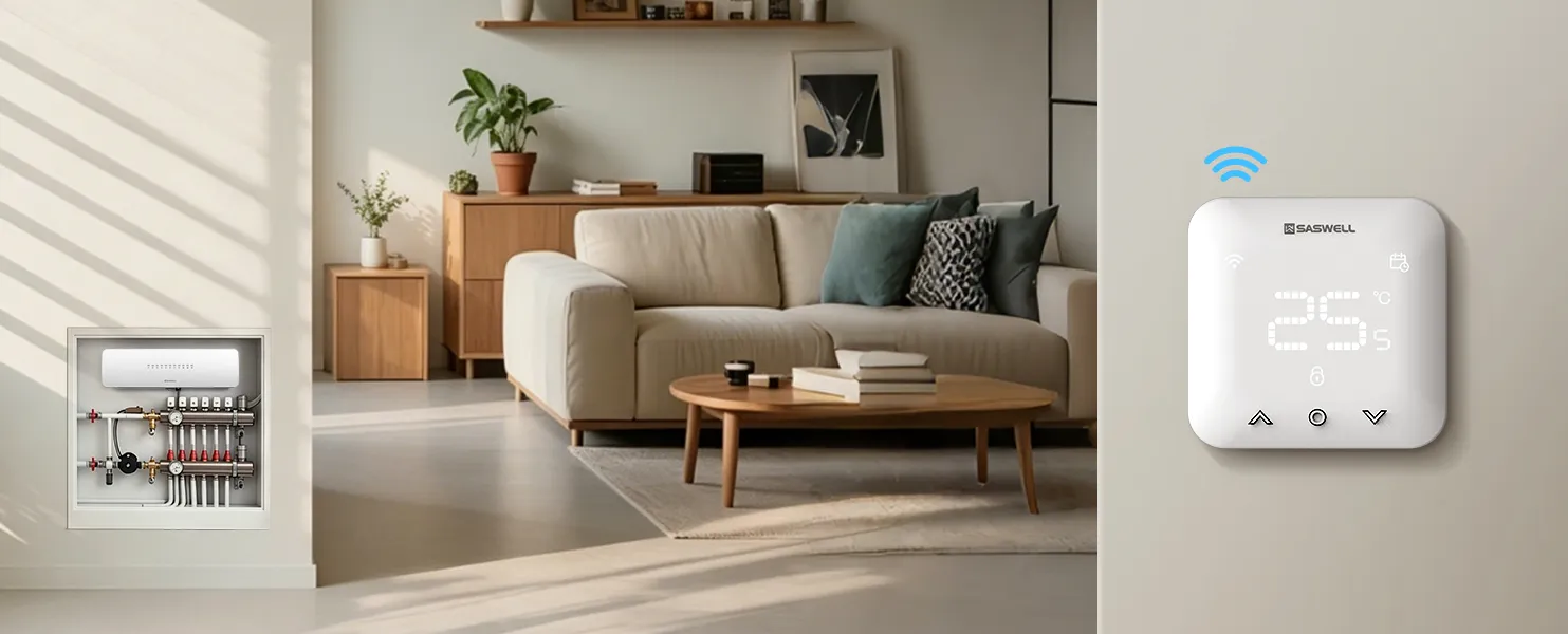 Living room installation view of SAS936BWCHB wireless multi-zone hydronic thermostat Living room installation view of SAS931WCH wired multi-zone hydronic thermostat