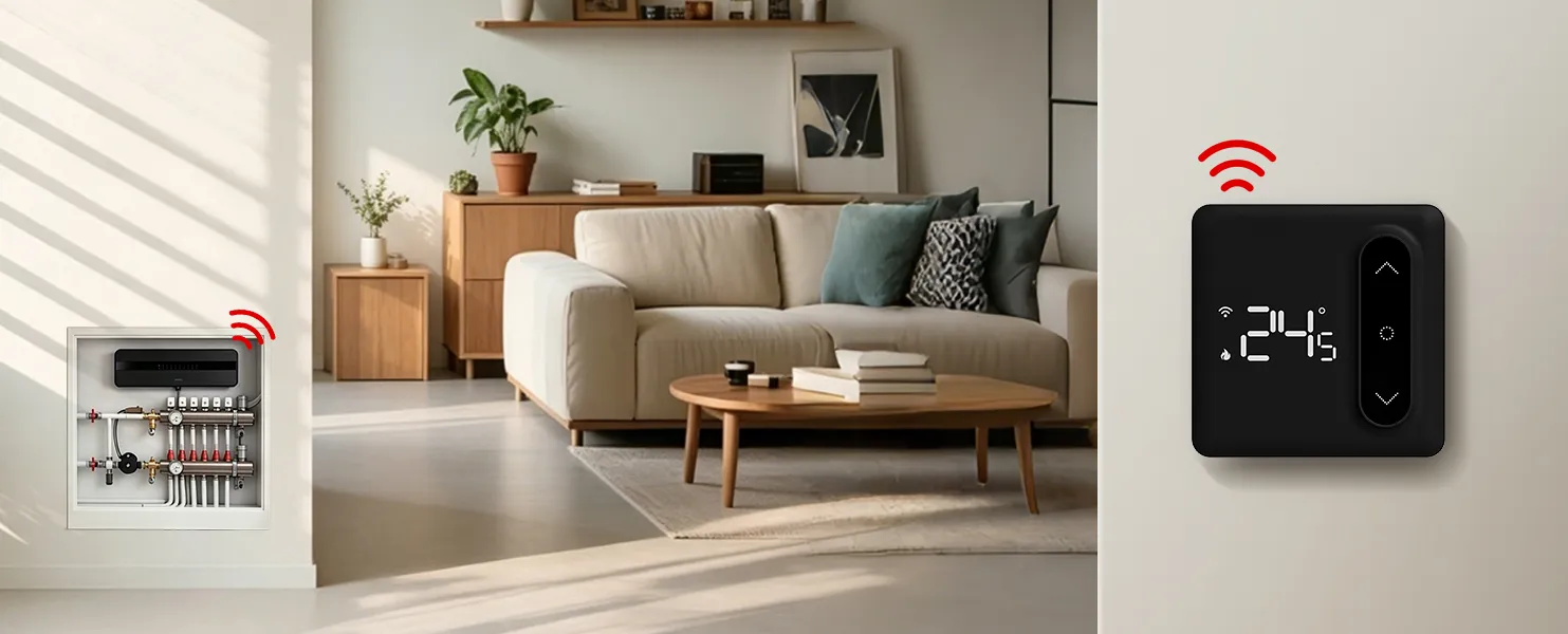 Living room installation view of SAS936BWCHB wireless multi-zone hydronic thermostat Living room installation view of SAS936BWCHB wireless multi-zone hydronic thermostat