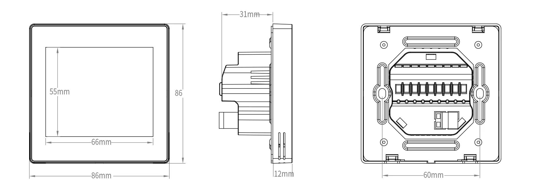 Product dimension outline drawing for SAS922BFCH touch-sensitive WiFi radiant thermostat