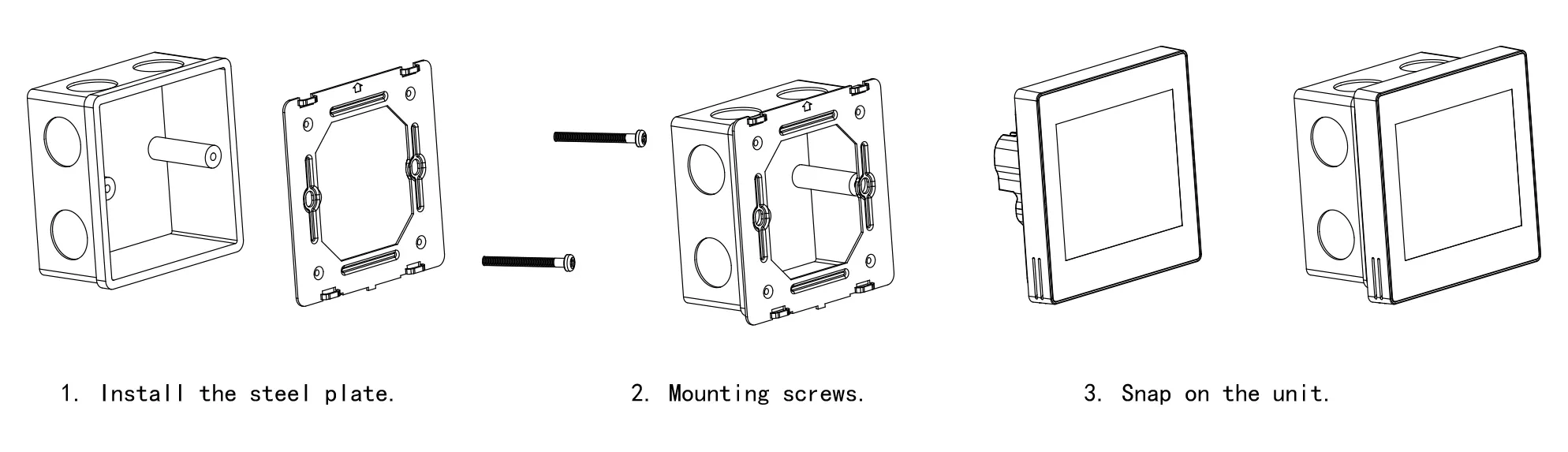 Step-by-step wall mounting guide for SAS922BFCH touch-sensitive WiFi radiant thermostat