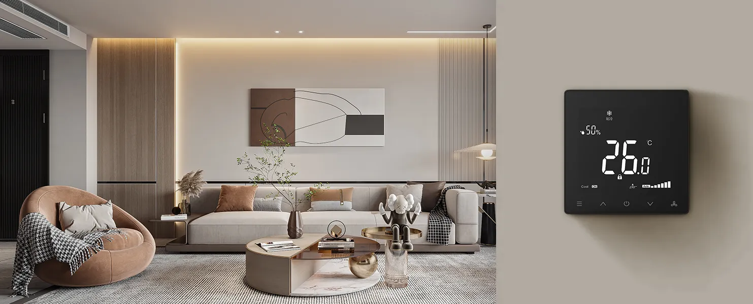 Living room installation view of SAS922BFCH touch-sensitive WiFi radiant thermostat with fan coil terminal