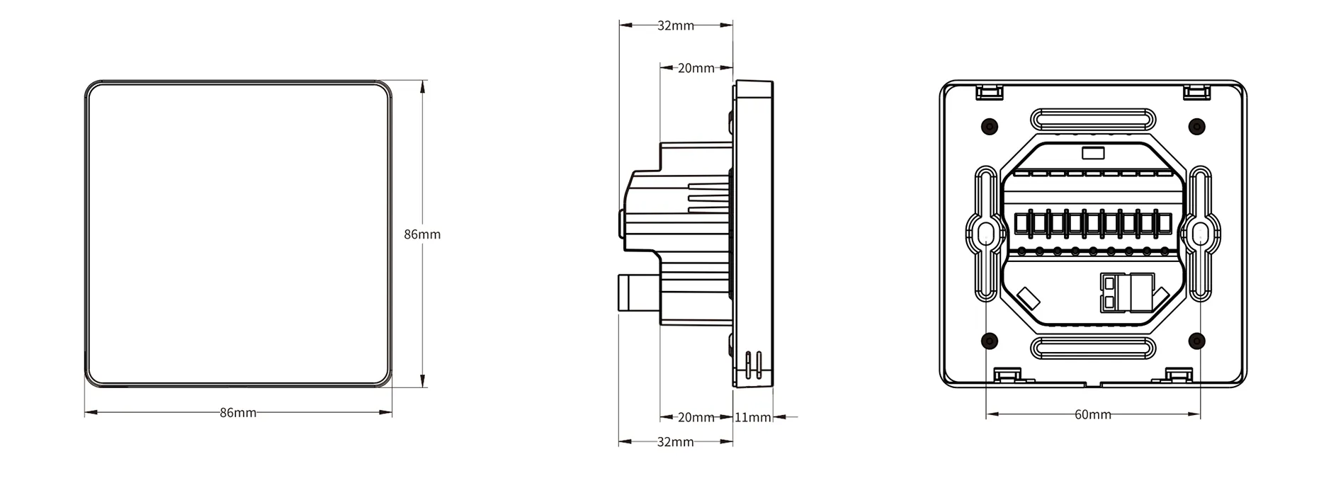 Product dimension outline drawing for SAS965FCH 4-inch color touchscreen radiant thermostat