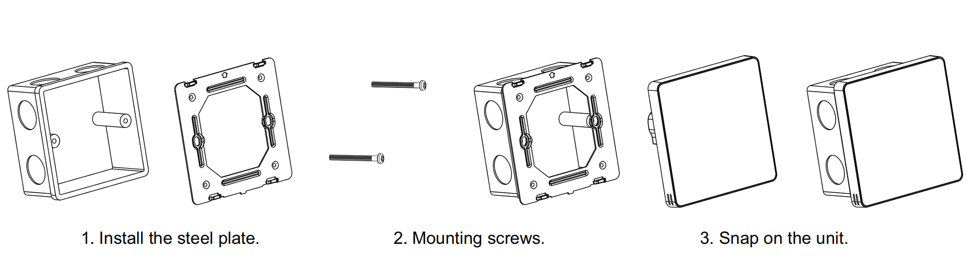 Step-by-step wall mounting guide for SAS965FCH 4-inch color touchscreen radiant thermostat