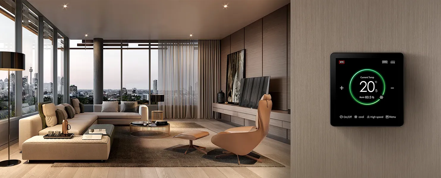 Luxury living room installation view of SAS965FCH 4-inch color touchscreen radiant thermostat