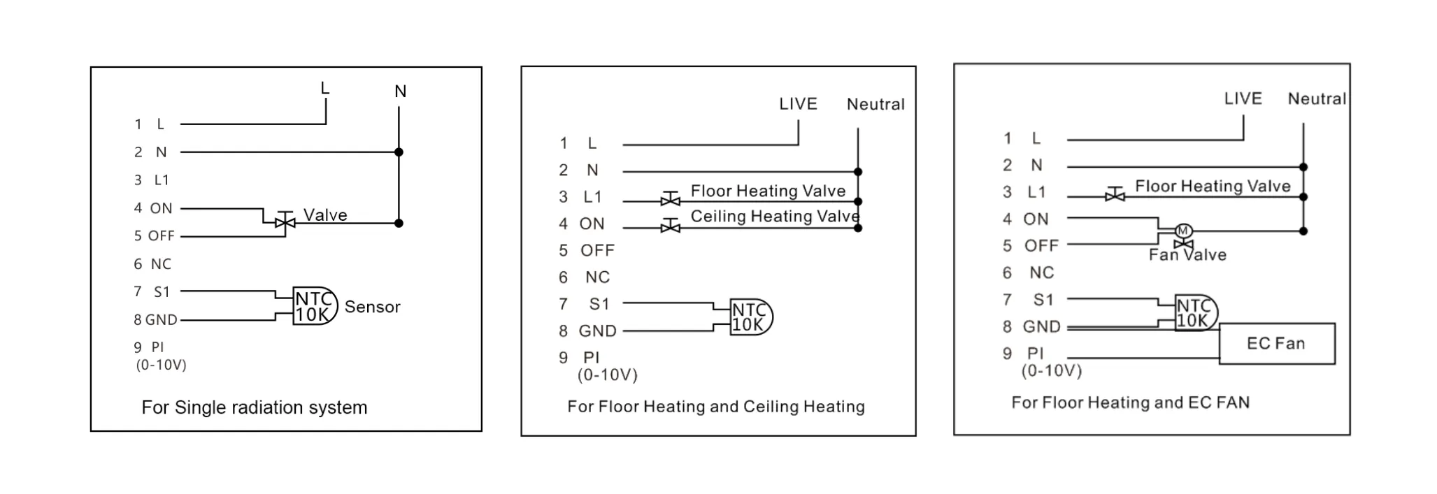 Wiring connection diagram for SAS965FCH 4-inch color touchscreen radiant thermostat
