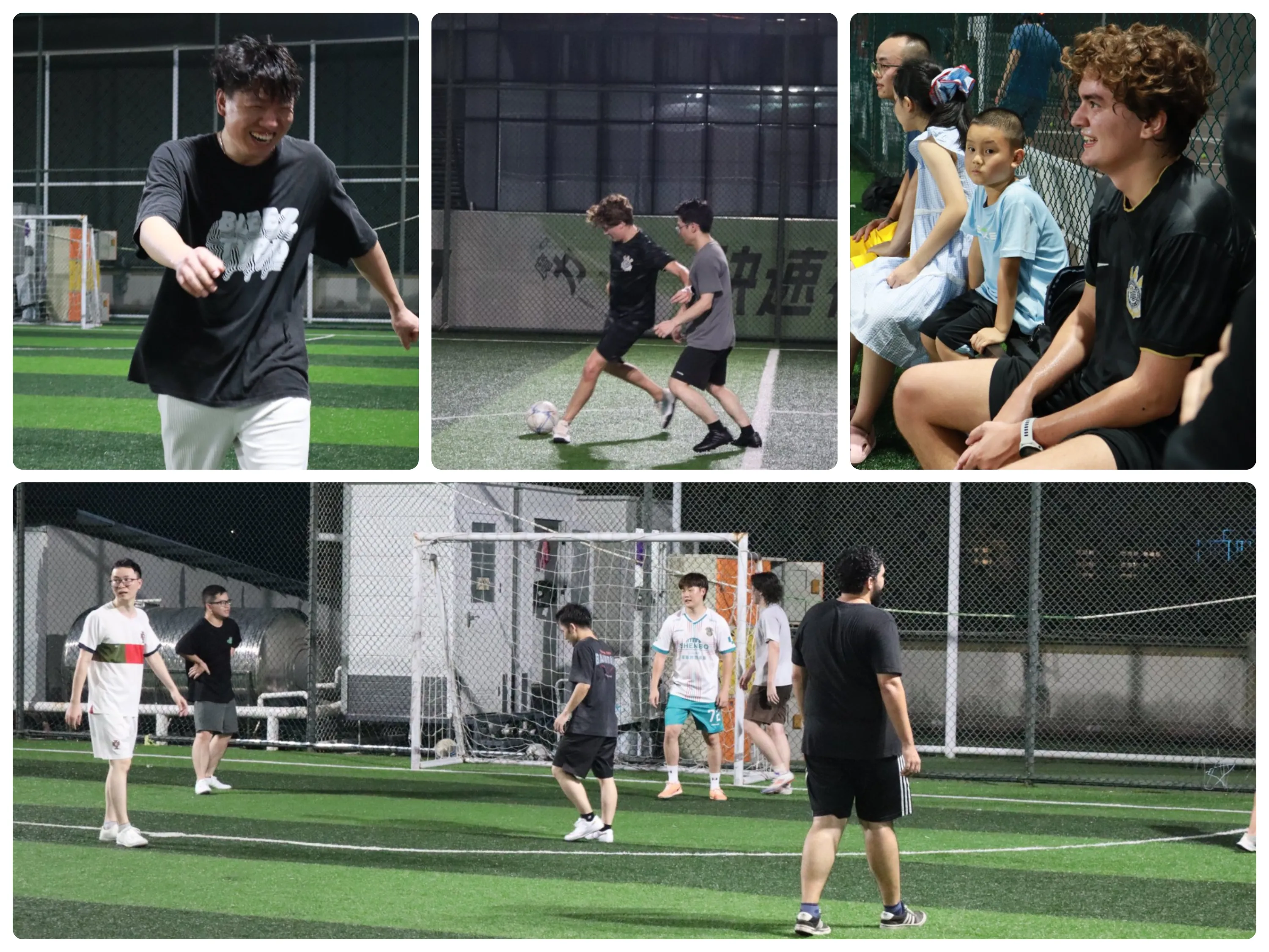 Collage of dynamic football action shots featuring multinational colleagues playing together on the pitch