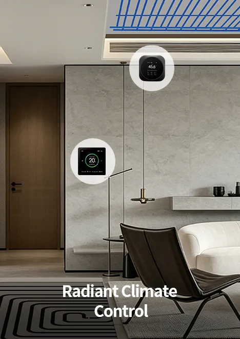 Radiant system with floor heating, fan coil and capillary terminals in living room