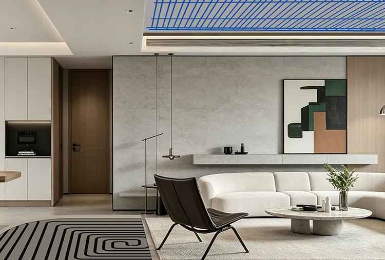 Multi-terminal radiant system with capillary, floor heating and fan coil installation in living room