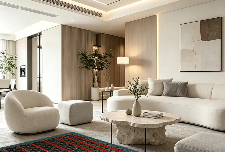 Hybrid radiant floor heating and fan coil installation in multi-terminal residential living room