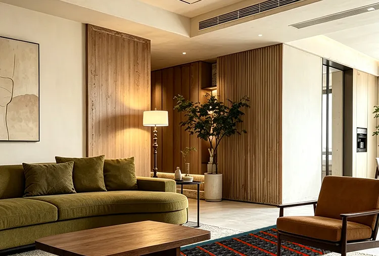 Hybrid radiant floor heating and fan coil system in renovated older home living room