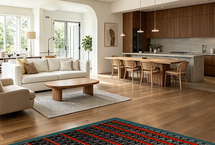 Radiant floor heating and cooling installation in residential living room without fan coil