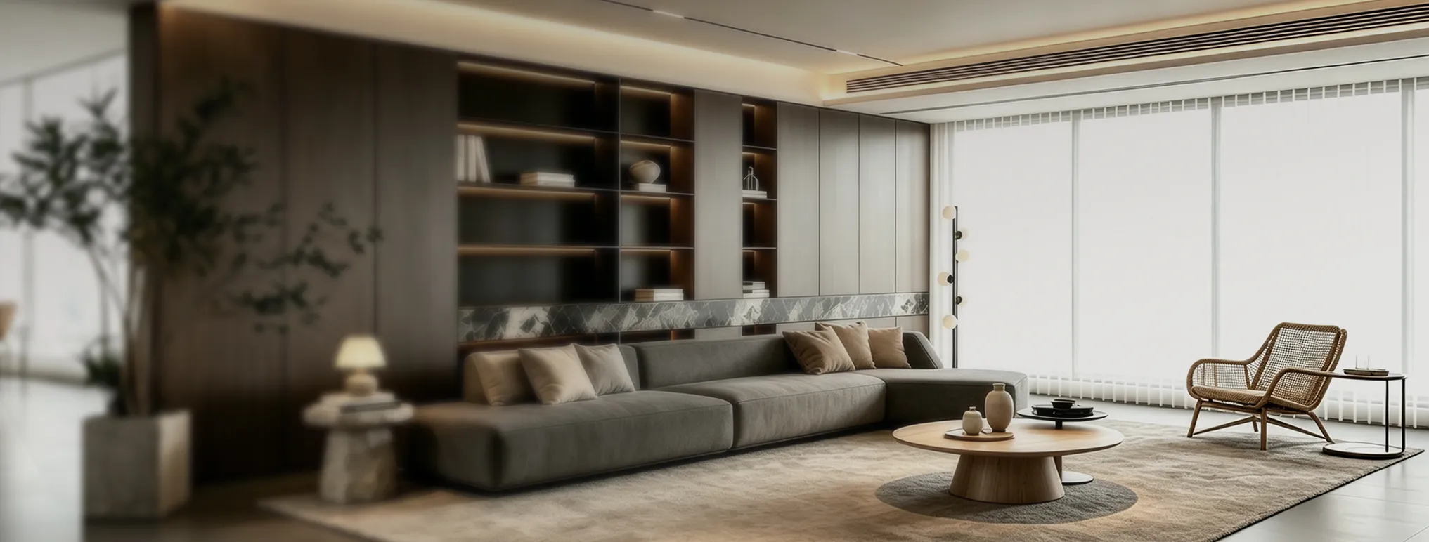 Hybrid radiant and fan coil control system in living room scene