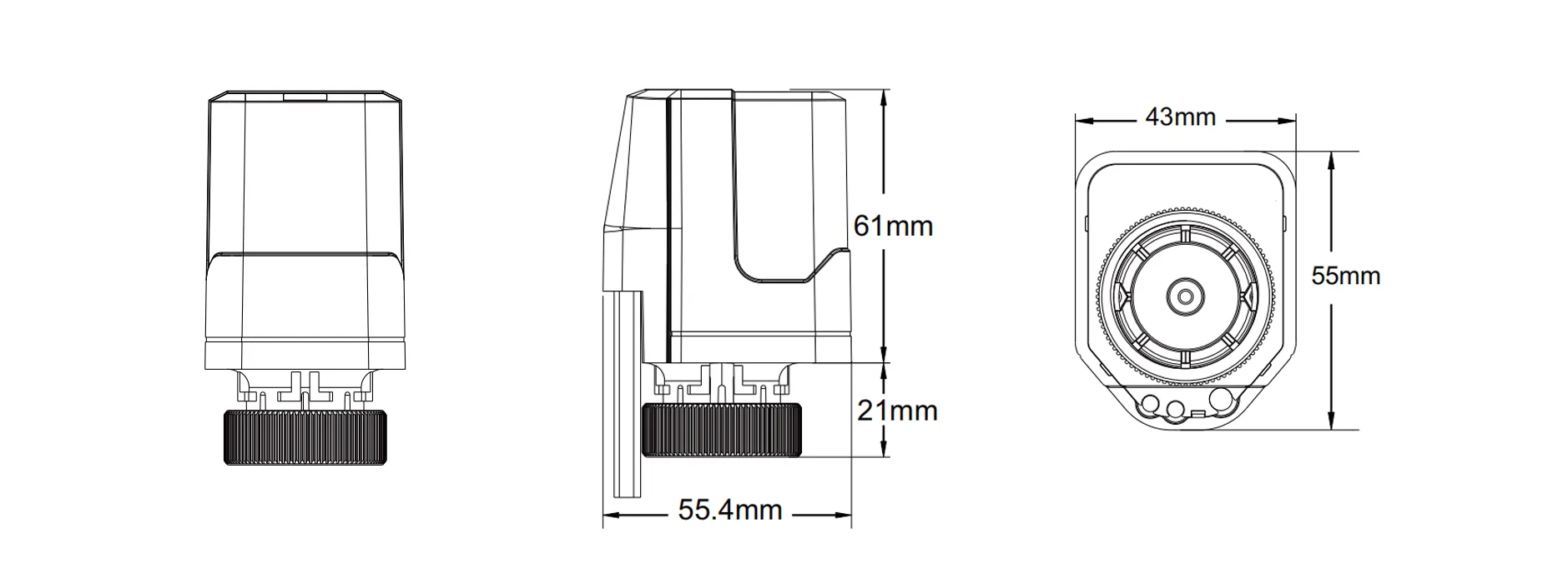 Product dimension drawing for SA905-S fail-safe electric thermal actuator