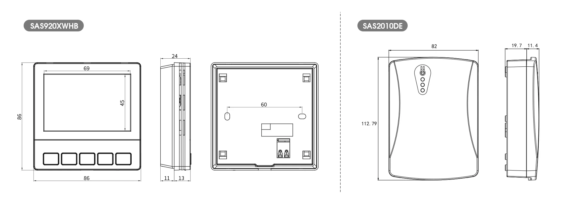 Product dimension drawing for SAS920XWHB Wi-Fi smart boiler thermostat