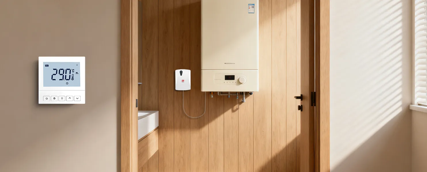 SAS920XWHB Wi-Fi smart boiler thermostat installed in bathroom boiler room scene
