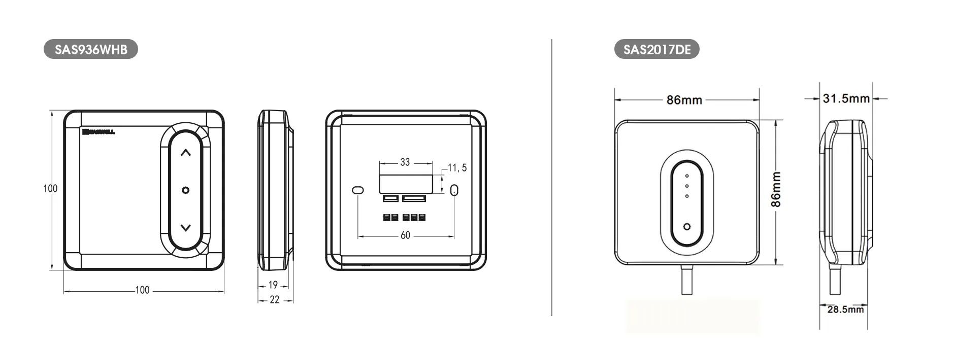 Product dimension drawing for SAS936WHB Matter-enabled boiler thermostat