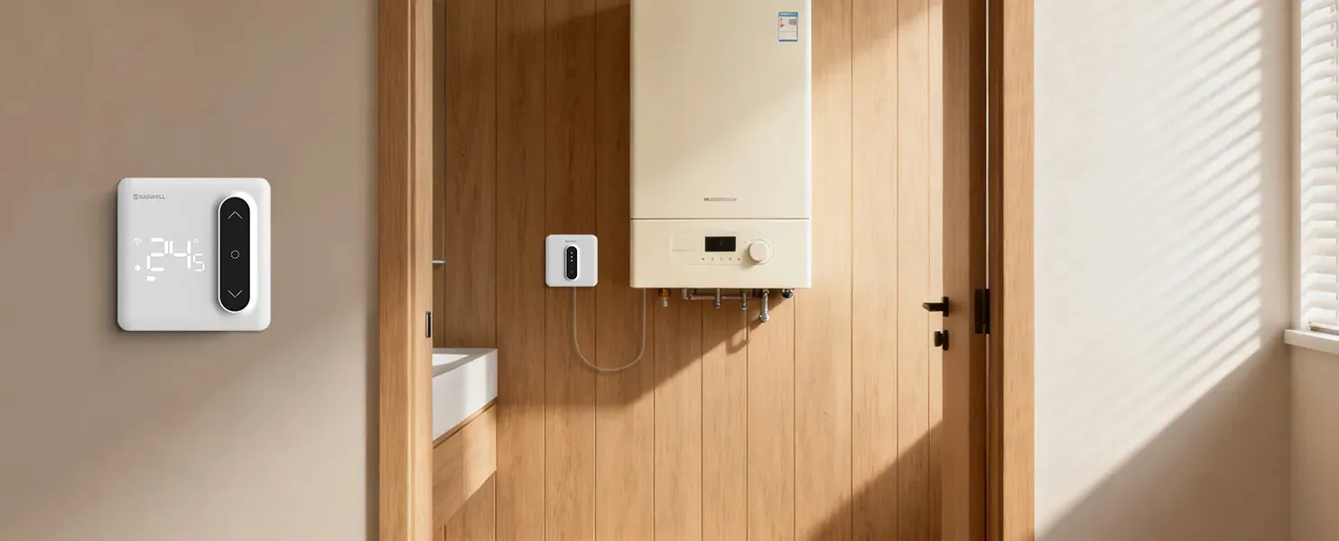 SAS936WHB Matter-enabled boiler thermostat installed in bathroom boiler room scene