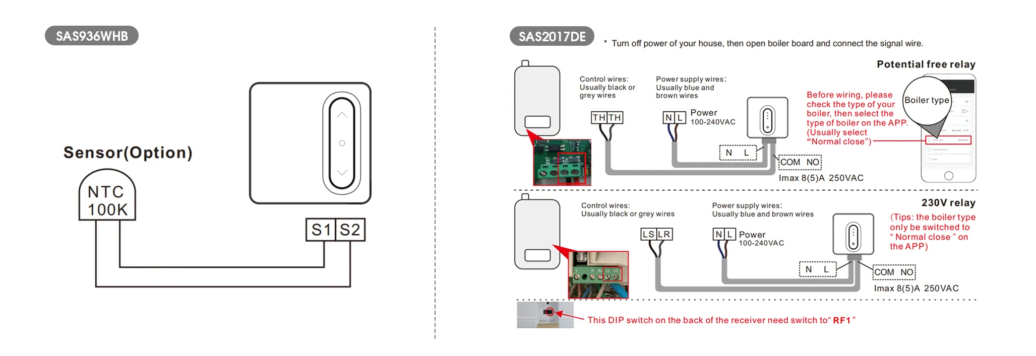 Wiring diagram for SAS936WHB Matter-enabled boiler thermostat