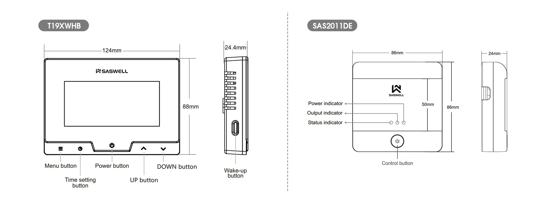 Product dimension drawing for T19WHB Zigbee OpenTherm boiler thermostat