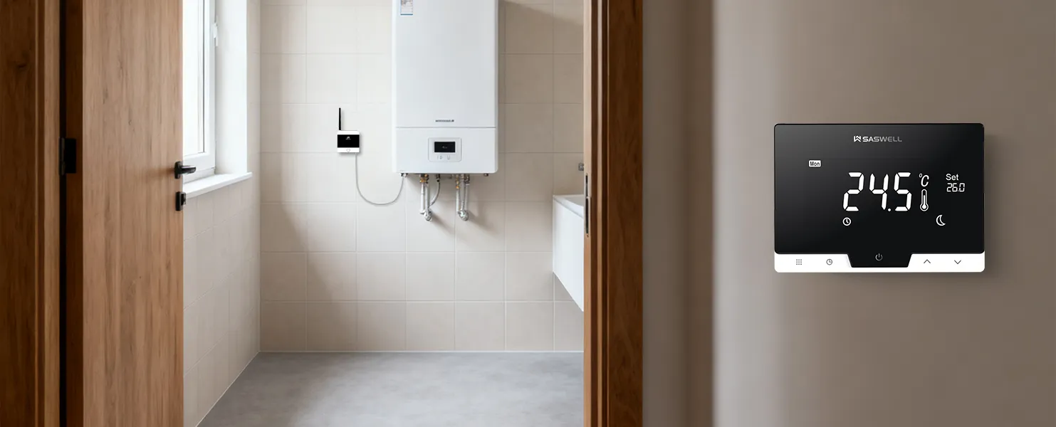 T19WHB Zigbee OpenTherm boiler thermostat installed in bathroom boiler room scene