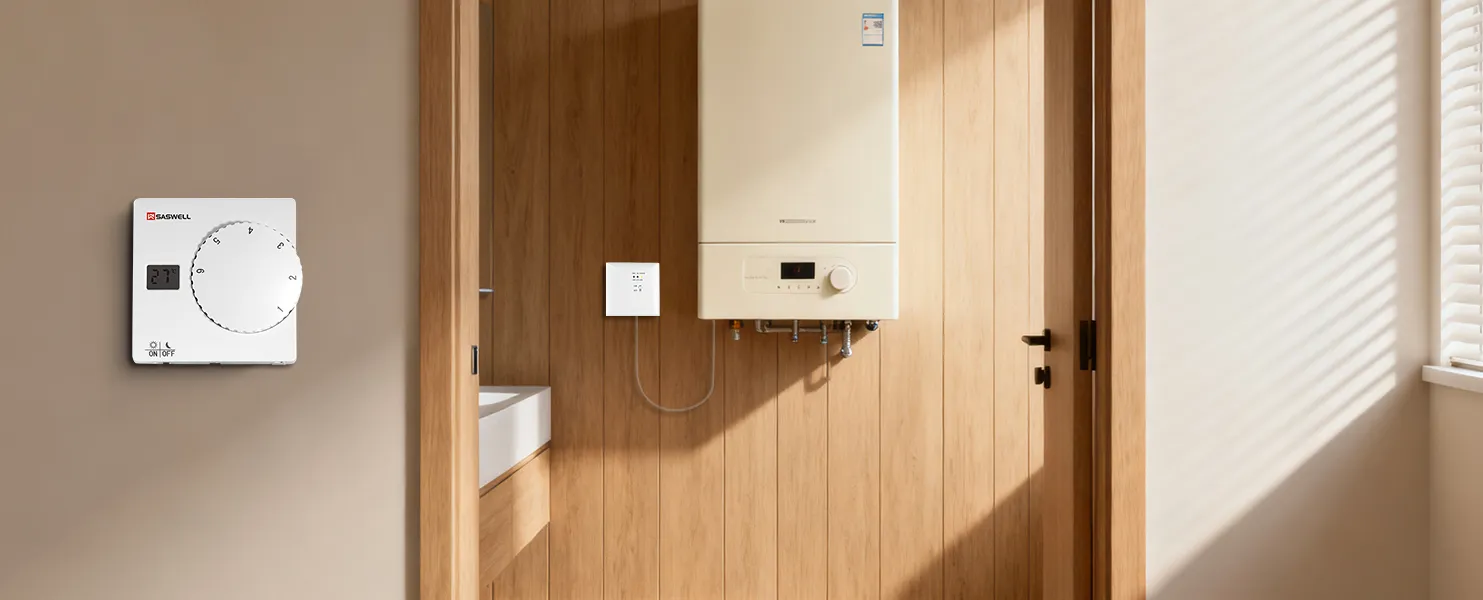 SAS816WHB manual rotary dial boiler thermostat installed in bathroom boiler room scene