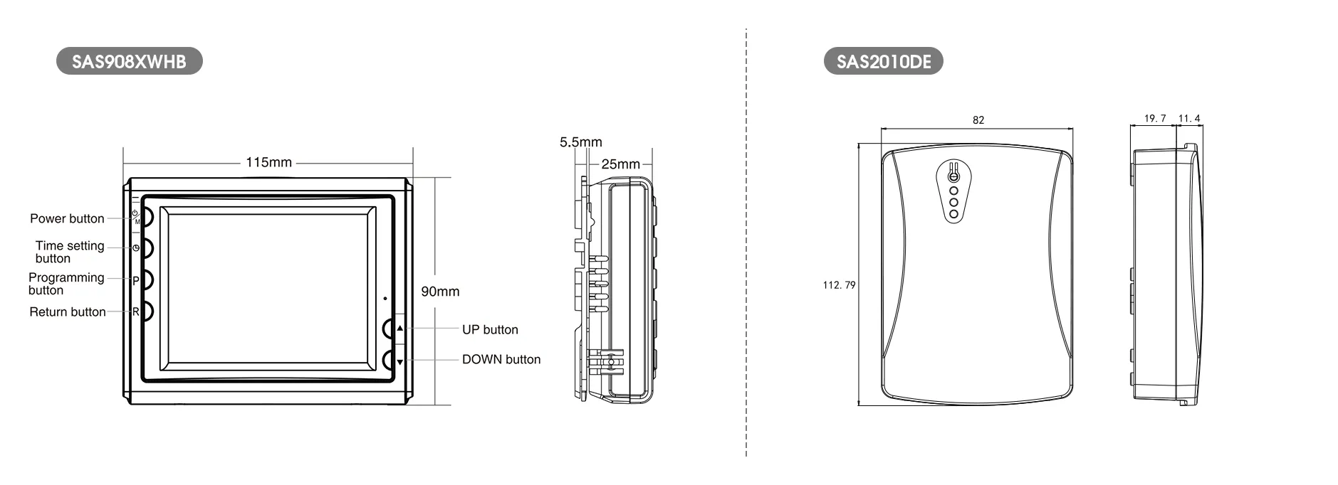 Product dimension drawing for SAS908XWHB programmable boiler thermostat