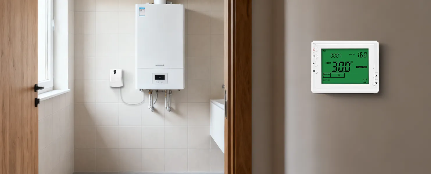SAS908XWHB programmable boiler thermostat installed in bathroom boiler room scene