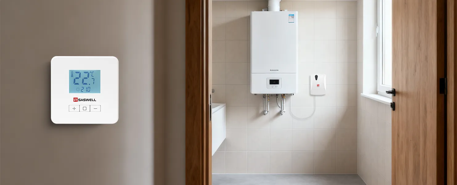 SAS919WHB non-programmable boiler thermostat installed in bathroom boiler room scene