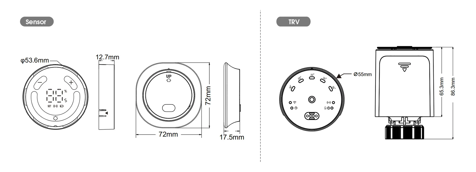 Product dimension drawing for GEM208 split-type smart thermostatic radiator valve