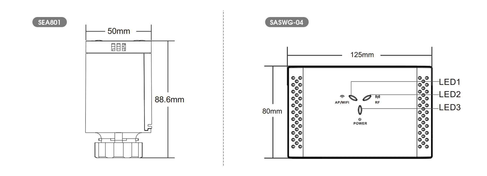 Product dimension drawing for SEA801 Wi-Fi smart thermostatic radiator valve