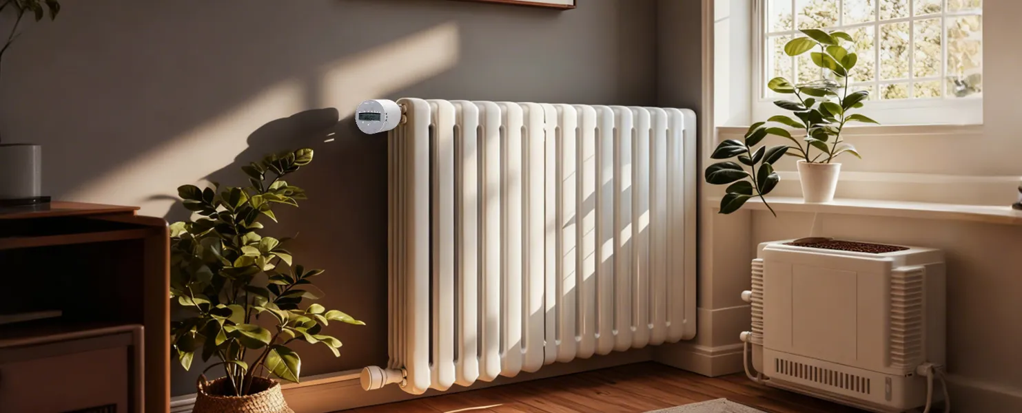 SEA801 Wi-Fi smart thermostatic radiator valve installed on living room radiator