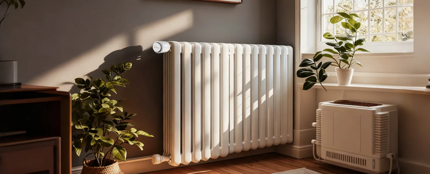SEA802 Zigbee smart thermostatic radiator valve installed on living room radiator