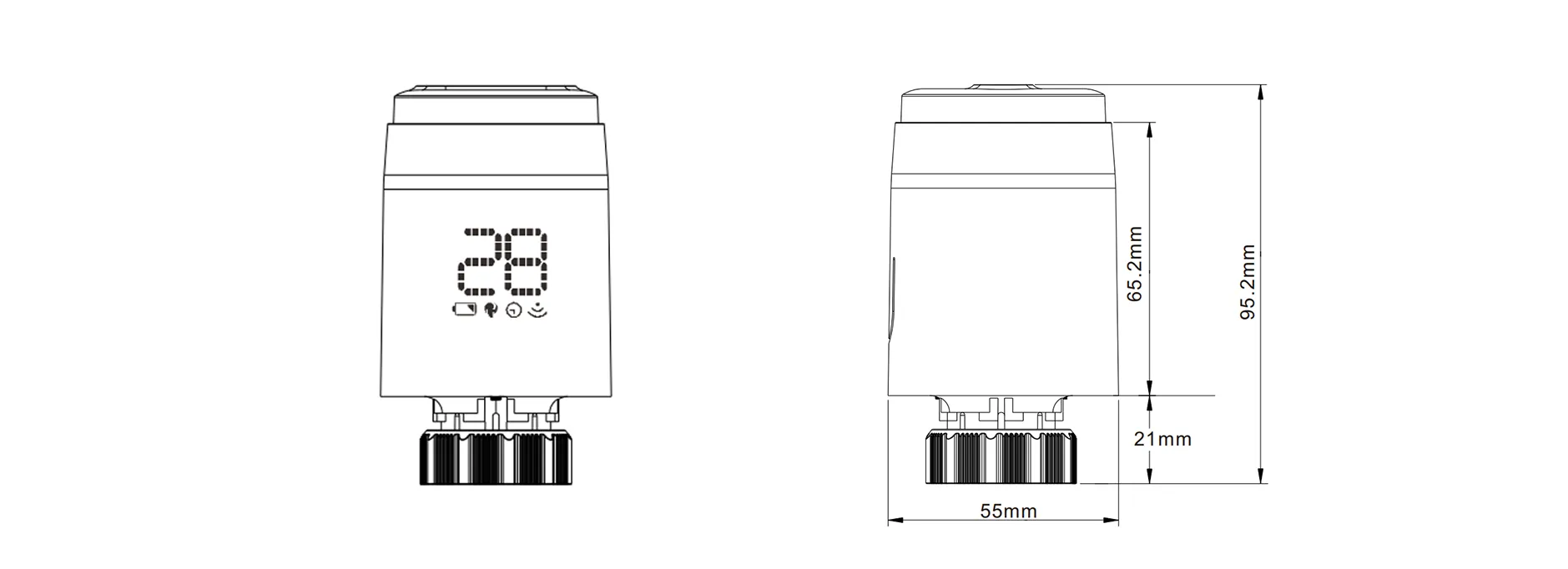 Product dimension drawing for SEA888 Z-Wave smart thermostatic radiator valve