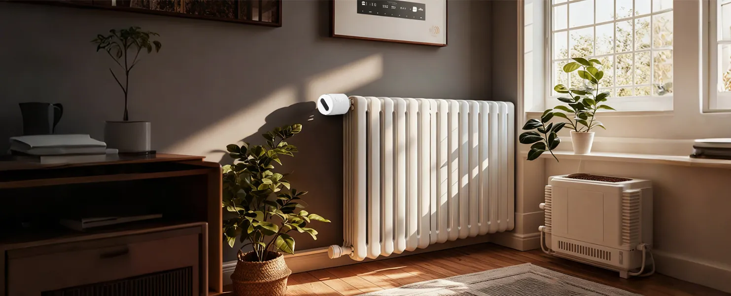 GEM208 split-type smart thermostatic radiator valve installed on living room radiator