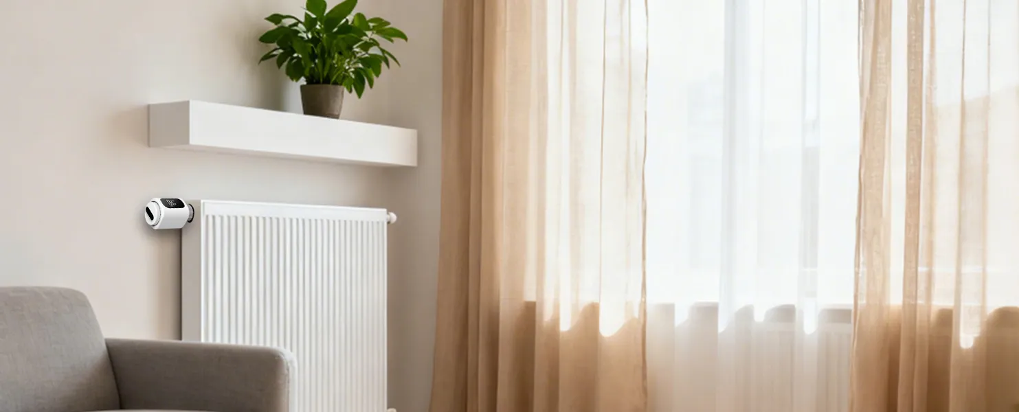 SEA889 LoRaWAN smart thermostatic radiator valve installed on living room radiator