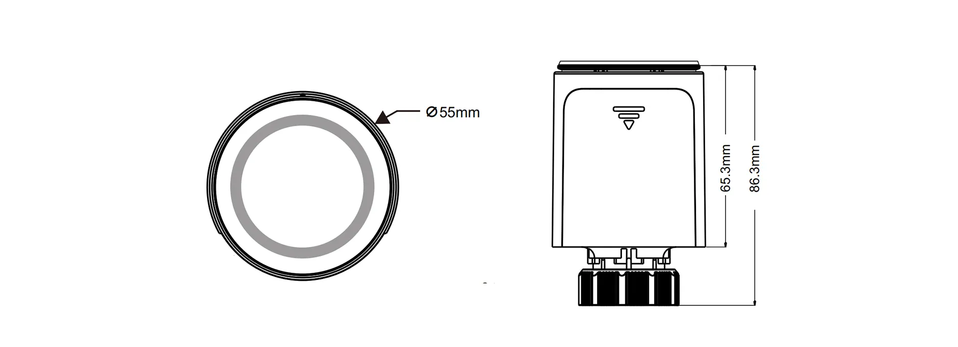 Product dimension drawing for SEA890 no-local-interface smart thermostatic radiator valve