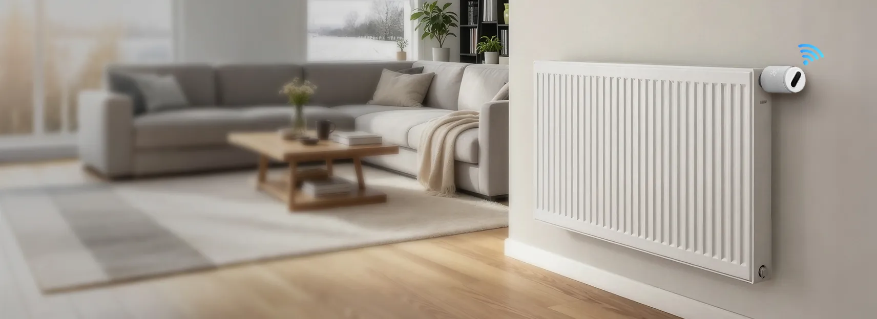 SEA series smart thermostatic radiator valves installed on living room radiators
