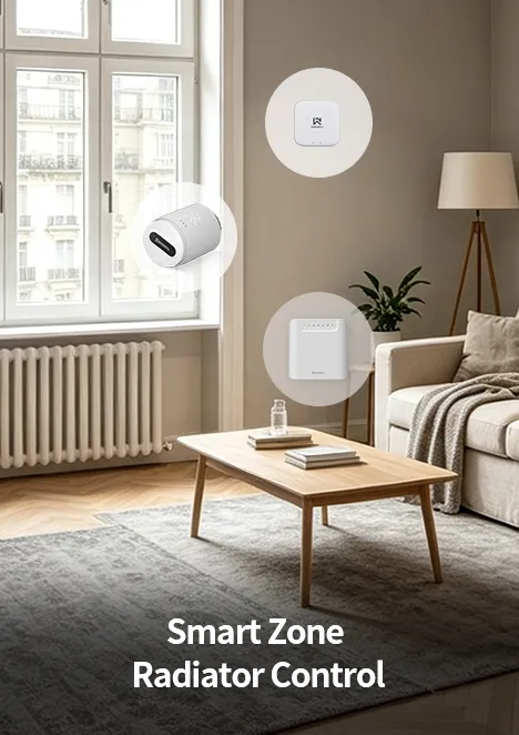 Smart thermostatic radiator valve application scene in living room with radiator heating